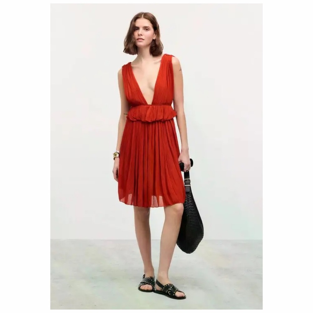 Chloé Orange Midi Dress Pleated Peplum 2 Cocktail Party Wedding Guest NWT 🟡 - Picture 3 of 15